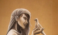A painting of a girl talking to a carrier pigeon.