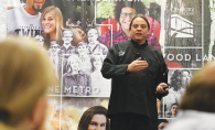 Lakota chef Sean Sherman, owner of catering service The Sioux Chef, speaks at Century College