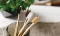 Four bamboo toothbrushes sit in a toothbrush holder.