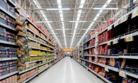 The aisles of a grocery store, shelves stocked with food