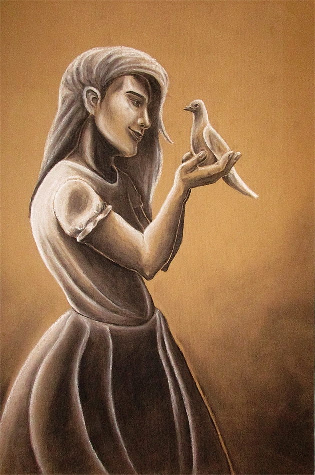 A painting of a girl talking to a carrier pigeon.