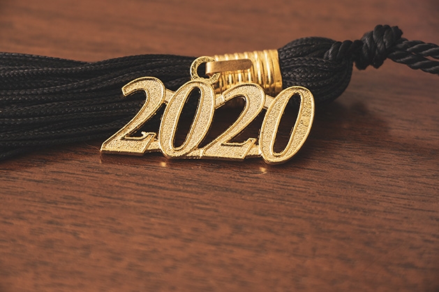 The tassel of a Class of 2020 graduation cap.
