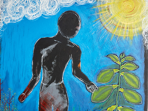 A painting of a black and red figure touching a plant before a blue, sunny sky.