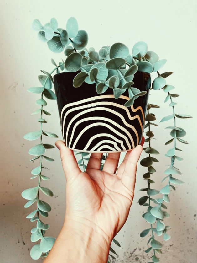 Black and white ceramic pot by Louisa Podlich.