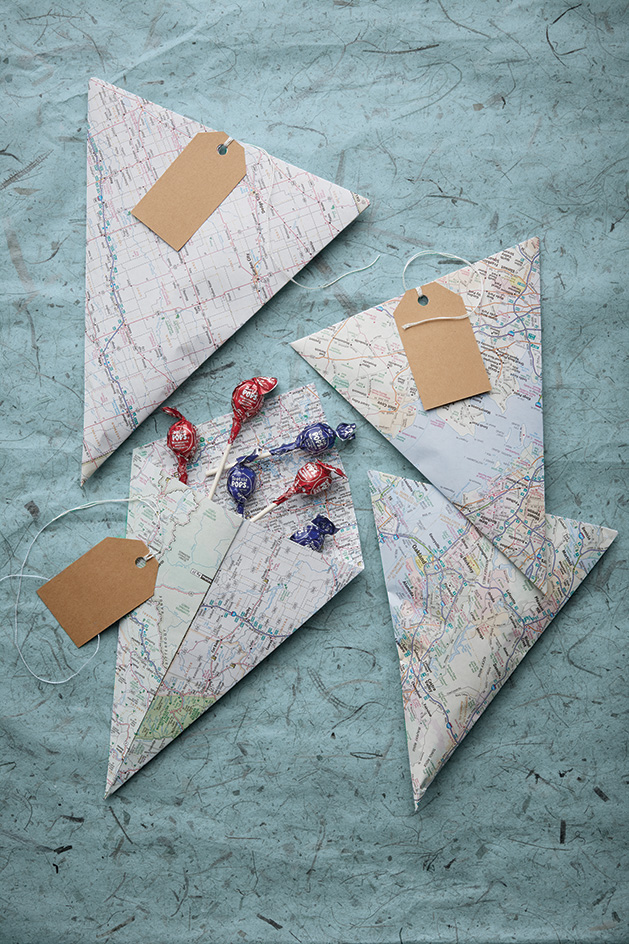Gifts wrapped in old maps.